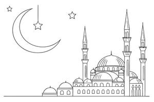 Line art of a mosque with crescent moon and stars in minimalist style, emphasizing Islamic elements Background vector