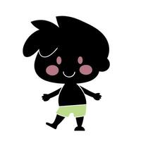 Playful cartoon of a smiling child with chubby cheeks, black silhouette style and pastel green shorts, minimalistic white backdrop vector