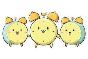 3D render of four distinct pastel yellow alarm clocks with cute faces, representing time and reminders in a playful and colorful style vector