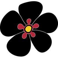 Stylized decorative flower with five bold black petals and red inner design with yellow center on clean white background vector