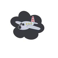 Whimsical drawing of a small airplane flying through a dark cloud, cartoon style with bright windows and red striped tail vector