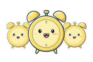 A vibrant 3D illustration of four different pastel yellow alarm clocks, each with a cheerful face, symbolizing time management and fun vector