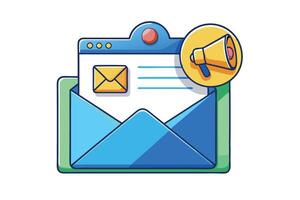 A vibrant digital illustration of an email notification with a megaphone and envelope, symbolizing alert messages and communication vector