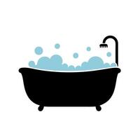 Pastel pink bathtub filled with blue foamy bubbles and retro faucet in minimalist silhouette style on clean white background vector