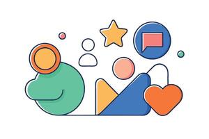set of playful and abstract icons representing social media reactions, including likes, hearts, and comments in a modern design vector