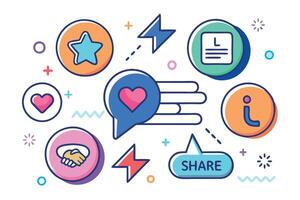A futuristic set of icons representing social media reactions, including like, comment, share, and other digital interaction symbols vector
