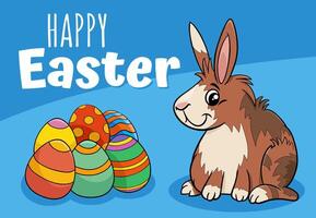cartoon Easter Bunny with colored eggs greeting card design vector