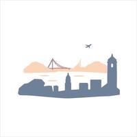 A city skyline with a plane flying over it vector