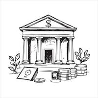 A sketch of a bank building with money and coins vector