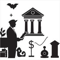 A man in a suit is standing in front of a bank and a clock vector