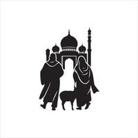 Two people with a dog walking in front of a mosque vector