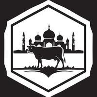 A cow in front of a mosque in a black and white logo vector