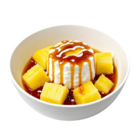 Healthy Pineapple Coconut Dessert with Caramel Drizzle White Bowl Isolated on Transparent Background png