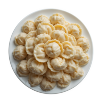 Realistic dumplings heap on white round plate top-down view on a isolated transparent background png