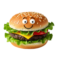 Whimsical Hamburger Art with Smiling Face Playful Fast Food Design Isolated png