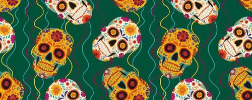 seamless pattern of Mexican skulls bright cinco de mayo masks on emerald background with colorful lines isolated design with floral elements vector