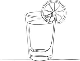 Minimalist one-line drawing of a tequila shot with a lemon slice. Elegant continuous line illustration, perfect for bar menus, cocktail designs, and beverage branding vector