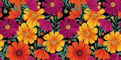seamless pattern of Mexican flowers bright cinco de mayo design on black background isolated illustration for textile, wrapper, card and decor vector