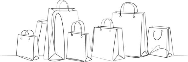 Minimalist one-line drawing of shopping bags. Elegant continuous line art illustration for retail, fashion, and commerce designs vector