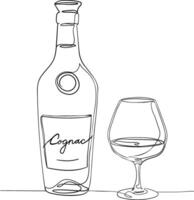 minimalist one line drawing of a cognac bottle and glass, elegant continuous line art , modern alcohol illustration for bar menus, prints, and decor vector