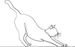 minimalist one line drawing of a stretching cat, continuous line art illustration, modern pet design for prints, tattoos, wall art, and decor vector