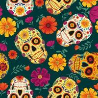 Vibrant seamless pattern with Mexican sugar skulls and colorful flowers. Perfect background design for the Day of the Dead Dia de los Muertos and Cinco de Mayo festival vector