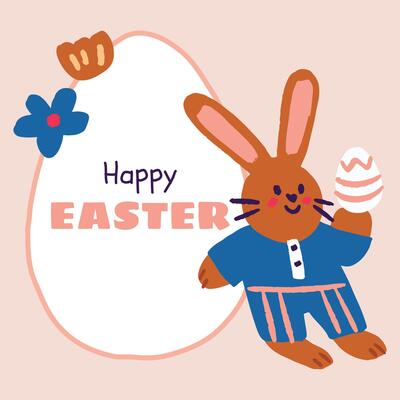 A joyful Easter illustration featuring a cute bunny holding a decorated egg, perfect for Easter holiday designs.
