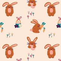 Cartoon Easter and Spring bunnies characters seamless pattern design, Bunnies holding eggs, carrots, Spring bunnies, Perfect for kids, greeting cards, prints, invitations, baby shower, fabric patterns vector