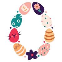 Bright Easter frame with colorful eggs and flowers, perfect for greeting cards, invitations, templates, festive designs and spring celebrations. vector