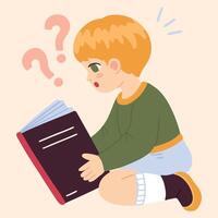 Illustration of a child reading a book, highlighting a moment of discovery and questioning. vector