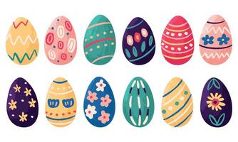 12 hand drawn Easter colorful and decorated eggs set collection, perfect for greeting cards, invitations, templates, social media posts, and prints. Ideal for festive designs and spring celebrations. vector