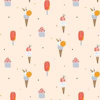 Pattern design featuring various types of ice cream. The playful and colorful pattern showcases different flavors and styles, perfect for use in textiles, packaging, and summer-themed designs. vector