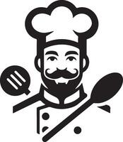 chef with mustache and hat holding a spatula and spoon vector