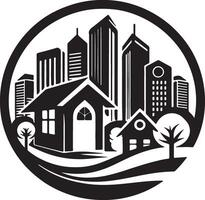 a black and white cityscape with a house and trees vector