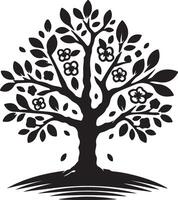A black and white silhouette of a tree with flowers illustration vector