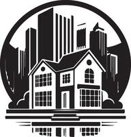 Unique black and white logo of a house with a city skyline in the background vector