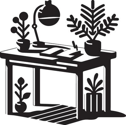 a black and white illustration of a desk with plants