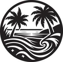 a black and white image of palm trees and waves vector