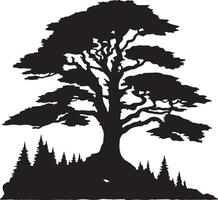 a silhouette of a tree with a mountain in the background vector