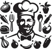 chef with vegetables and fruits icon set vector