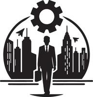 businessman with gear wheel and city background vector