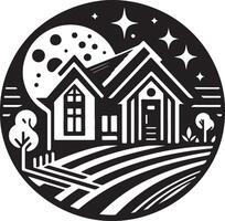 a black and white image of a house with a moon and stars vector