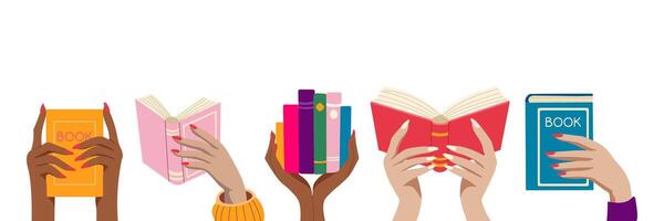 A group of people holding books with one person holding a book titled Book. Concept of community and the importance of reading vector