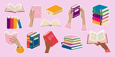 A collection of book images with a pink background. The book images are of various sizes and colors, and they are all open. The idea behind this image is to showcase the importance of reading vector