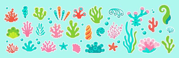 A collection of colorful sea plants and sea creatures. The plants are in various shapes and sizes, and the sea creatures are also diverse. Scene is cheerful and lively, with the bright colors vector