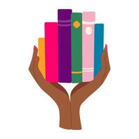 A hand holding a stack of books. The books are of different colors and sizes. Concept of knowledge and learning vector
