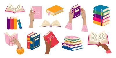 A collection of books with people holding them open. The books are of various sizes and colors, and the people are holding them in different positions. Concept of reading and learning vector