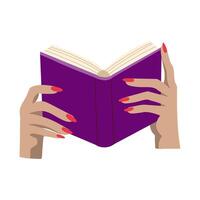 A purple book is opened to a page with a red nail polish on the thumb. The book is being held by a person with red nails vector