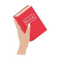 A hand holding a red book. The book is titled Book. The hand is positioned over the book, with the fingers spread out. Concept of curiosity and interest in reading vector