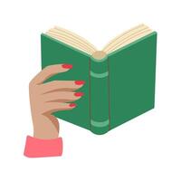 A hand holding a book with a green cover. The book is open to a page with a red nail polish design vector